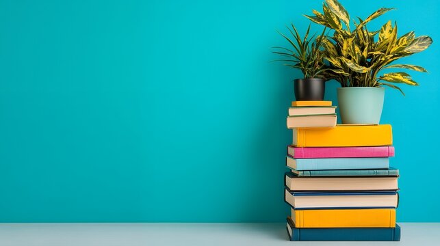 A stack of colorful books sits beneath two potted plants against a teal wall