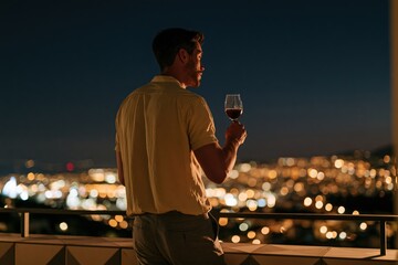 Obraz premium Side profile of man holding wine glass on balcony with city night bokeh lights for sophisticated lifestyle background and evening beverage banner