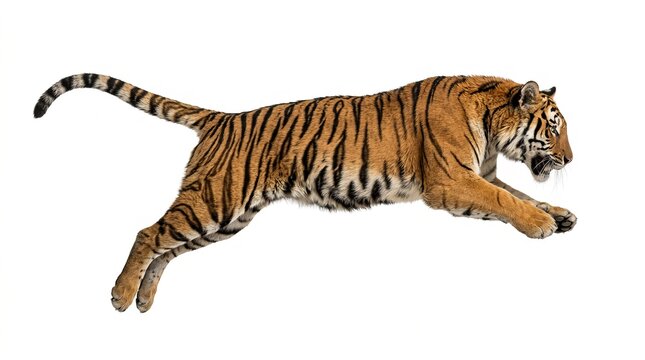 Majestic Tiger Jumping Mid-Air Action Shot Isolated on White Background