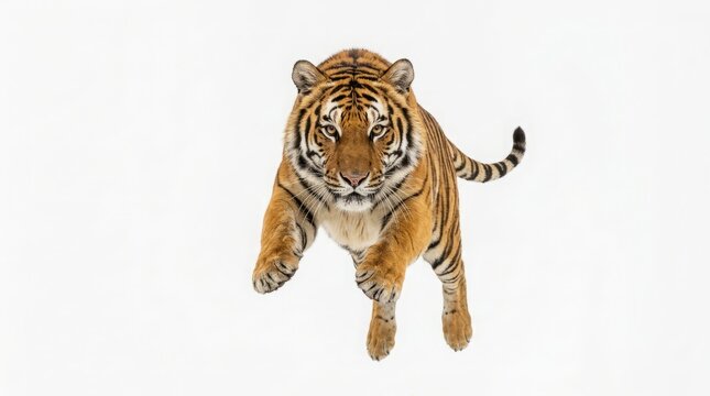 Majestic Tiger Jumping Mid-Air Action Shot Isolated on White Background