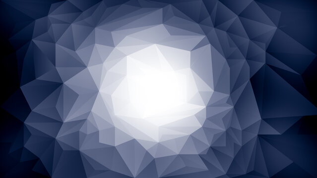Abstract low poly background with dark blue polygonal facets forming a circular tunnel toward a bright white light in the center, concept of futuristic technology and portal light
