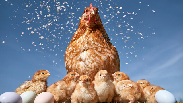 Cheerful mother hen standing proudly among newly hatched chicks under blue sky