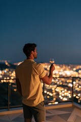 Obraz premium Man on balcony holding a wine glass at night with city skyline background for rooftop lifestyle banner and background design