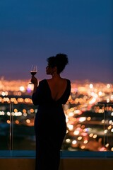 Obraz premium Woman holding a glass of wine on a rooftop balcony with city lights and bokeh at night for luxury evening background and skyline banner design