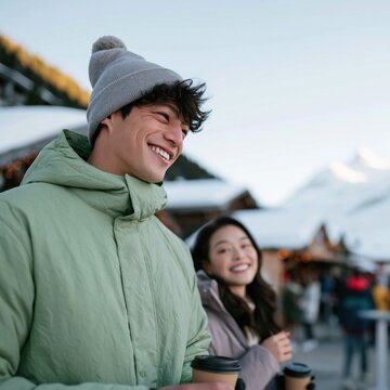 Young couple enjoying winter market outdoors with takeaway cups in warm jackets for travel background and holiday lifestyle banner