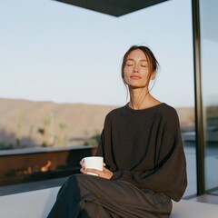 Obraz premium Woman relaxing with coffee on a modern patio overlooking landscape for wellness lifestyle background and calm banner design