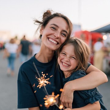 Smiling mother and daughter holding a sparkler at a summer fair for family banner and background use