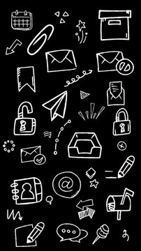 Hand drawn doodle elements of email messaging, inbox notification, letter delivery, and online communication icons. Animated seamless loop video background in vertical format.