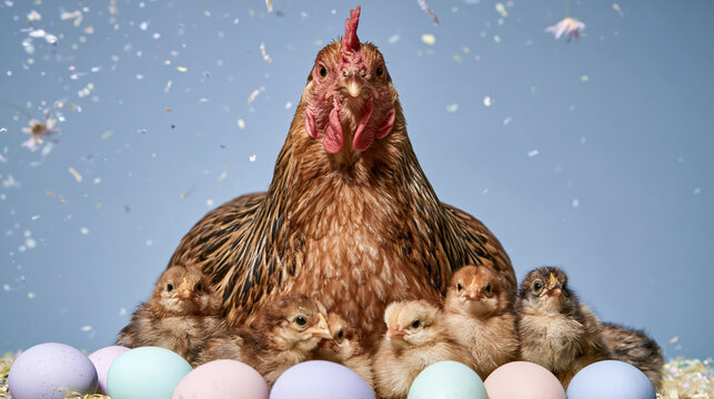 Mother hen standing proudly among newly hatched chick, colorful egg and confetti creating cheerful farm scene
