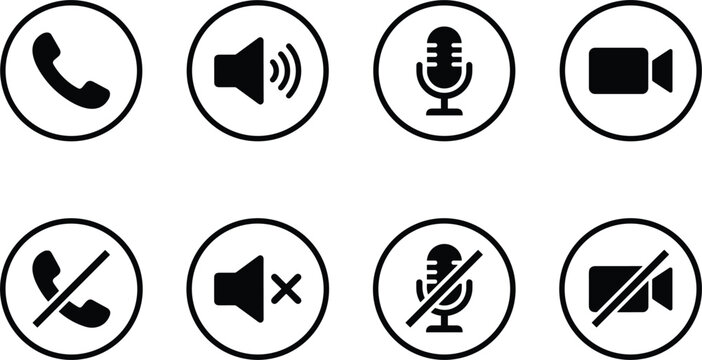 Media communication call controls circular icon set including phone microphone speaker and video camera mute buttons isolated on white