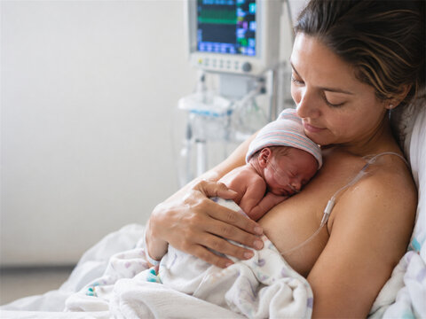 Mother holds a premature newborn against her bare chest for kangaroo care while offering warmth comfort bonding and close skin to skin contact during early recovery in a quiet hospital room