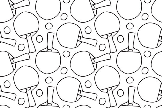 seamless pattern with table tennis rackets and ping pong balls simple line icon - vector illustration