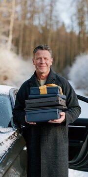 Middle aged man holding stacked wrapped gifts beside car in snowy forest for winter holiday gift giving background and seasonal banner design