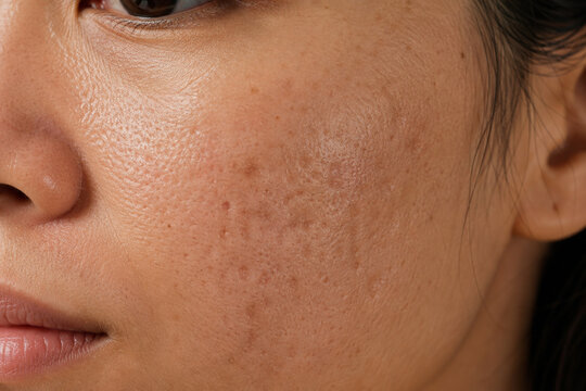 Macro close up of atrophic and pitted acne scars, enlarged pores, post acne marks and uneven skin texture on an Asian woman&rsquo;s cheek