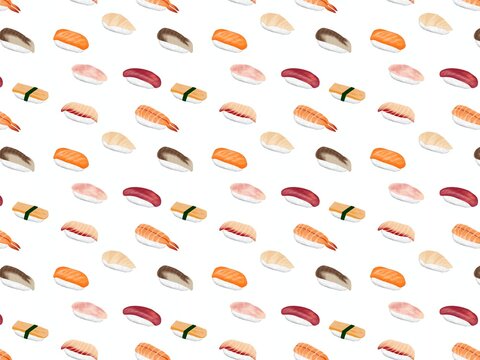 A seamless repeating pattern of assorted digital illustration nigiri sushi pieces, featuring salmon, tuna, shrimp, and tamago scattered across a clean white background.