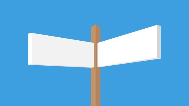 Animated wooden signpost with two blank white signs rising from below, pausing against a blue background, then descending out of view.
