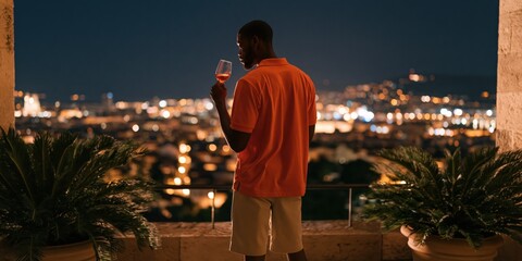 Obraz premium Man in orange shirt and shorts holding a wine glass overlooking an illuminated cityscape at night for travel wallpaper and poster design