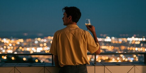 Obraz premium Man on balcony at night with city lights bokeh holding wine glass for lifestyle rooftop background and evening banner design