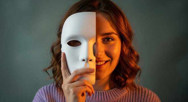 A woman holds a white mask partially over her face, revealing a smiling expression, symbolizing identity and duality