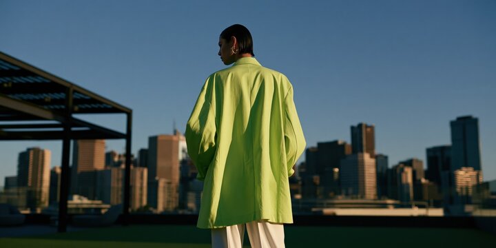 Back view of model in fluorescent green coat on rooftop with skyline at golden hour for fashion banner and urban billboard background design