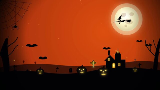 Halloween night background with silhouettes of haunted house witches and pumpkins under a full moon