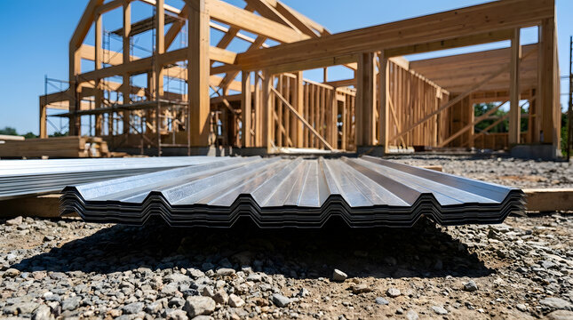 Corrugated metal roofing sheets on site | New wooden house frame construction | Galvanized steel roof panels on gravel | Industrial building materials for housing