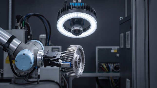 Automated robotic arm inspecting a metal gear component in a modern factory setting.