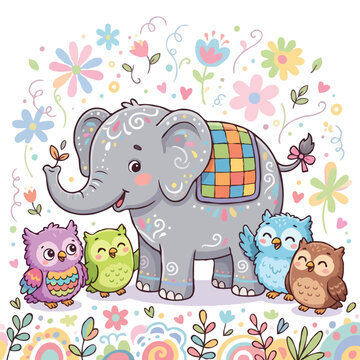 Cute Cartoon Elephant Surrounded by Four Little Owls and Colorful Floral Doodles