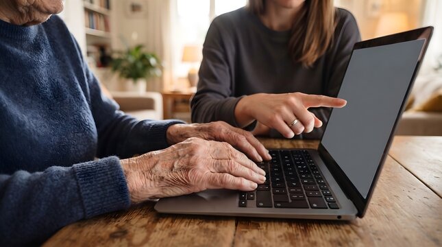Senior Adult Learning Technology with Caregiver Assistance on Laptop