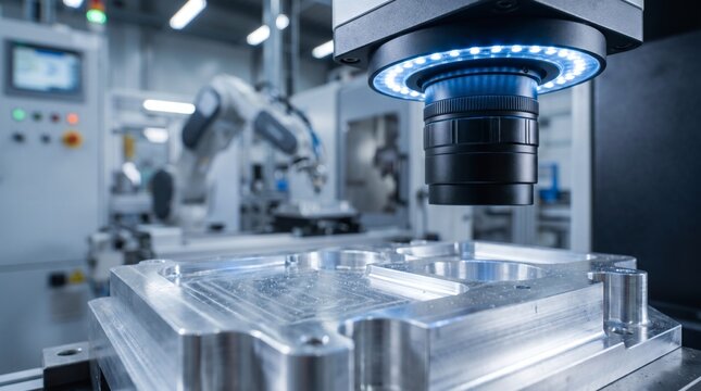 Automated industrial machine vision system inspecting a metal component in a factory.