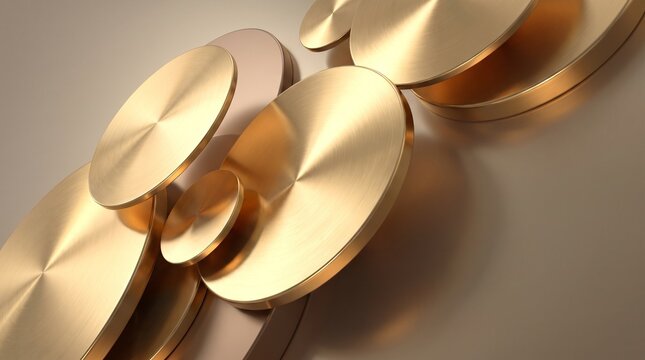 Abstract background of overlapping gold metallic discs with brushed circular texture