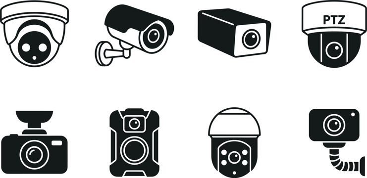 Various security surveillance camera models vector set featuring dome ptz bullet box and body cam monitoring technology