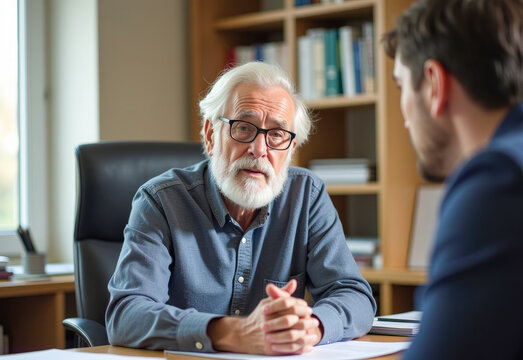 elderly businessman interviews a candidate in the office
