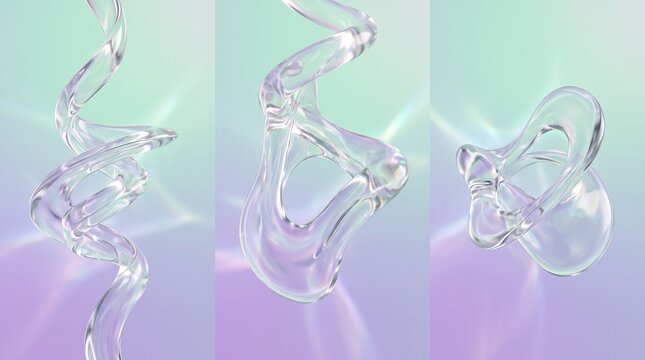 Abstract liquid glass shapes morphing on a soft pastel gradient background