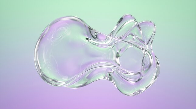 Abstract liquid glass morphing shape with iridescent reflections on a gradient background