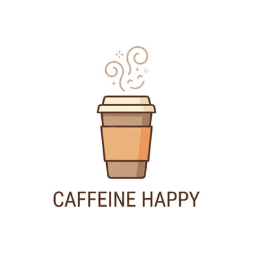 Caffeine happy takeaway coffee cup with steam and text. Cute cartoon paper cup illustration on transparent background. Coffee drink concept for cafe menu, sticker and print design.