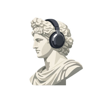 Ancient greek marble statue bust wearing modern wireless headphones on transparent background. Classical sculpture with music listening