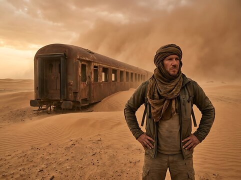 Desert Adventurer Near Rusted Abandoned Train During Sandstorm