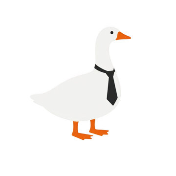 White goose wearing black necktie standing on transparent background. Funny business bird in formal office style. Cute cartoon farm animal character for mascot, print and humor design concept