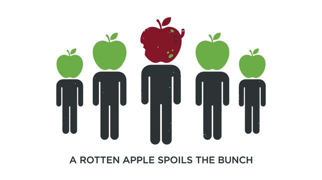 Rotten apple vector illustration depicting a group of people icons with fruit heads signifying the idiom about bad influences everywhere
