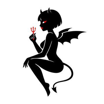 Sexy woman devil silhouette with horns, wings and tail holding red trident on transparent background. Halloween demon girl clipart for party invitation, tattoo design and horror theme decoration.