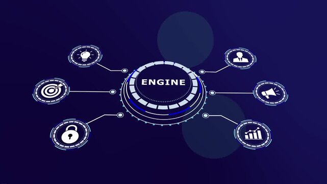 Digital business engine infographic with animated hud interface and marketing for corporate strategy and growth concepts