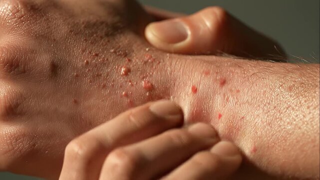 Photorealistic close-up of a bent human arm with large localized plaque psoriasis on the elbow, showing inflamed red skin, thick scaling, dryness and visible dermatological symptoms.