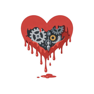 Melting red heart with clock gears inside on transparent background. Concept of time running out, heartbeat mechanism and emotional pain. Illustration for Valentine day, medical and psychology design.