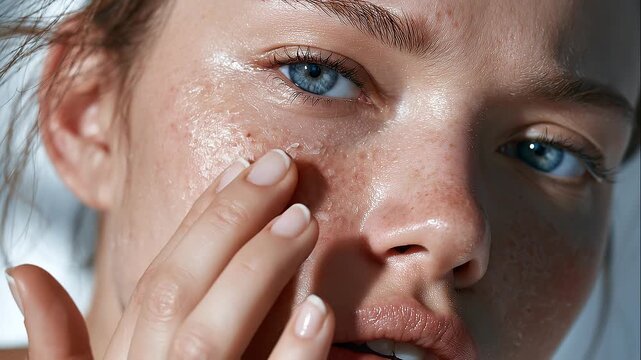 Side view of a young woman gently touching peeling, rough skin on her cheek with visible dryness and subtle redness, showing facial irritation, sensitivity and dry skin discomfort.