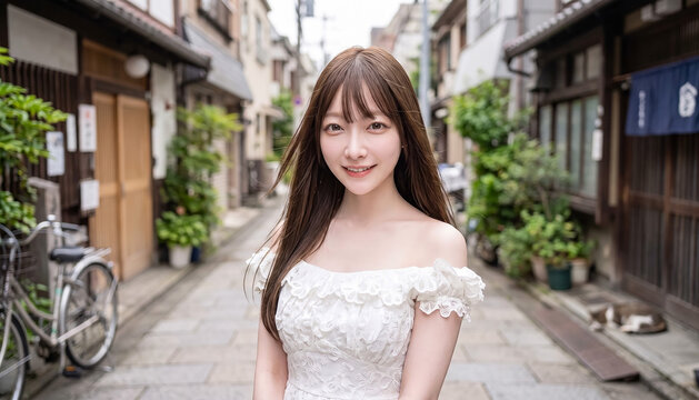 Young Asian woman with long brown hair wearing a white off-shoulder dress smiling in a charming Japanese alleyway with traditional buildings