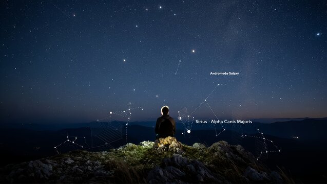 Person Gazing at Starry Night Sky with Constellations Over Mountains
