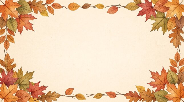 Autumn harvest frame border with colorful leaves and twigs on textured light cream paper canvas.