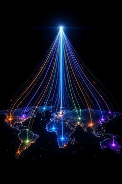 Global network connection map with glowing data lines. Digital world map representing telecommunications and cloud computing. Fiber optic light rays.