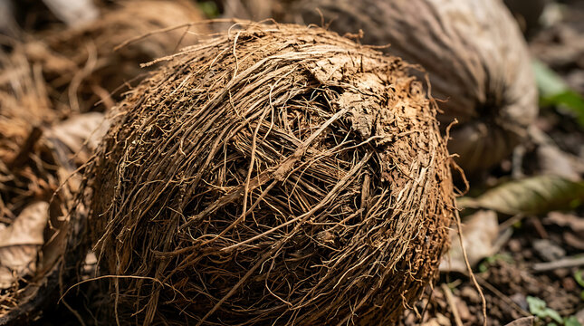 A single raw coconut with fibrous husk resting on the ground in a garden setting